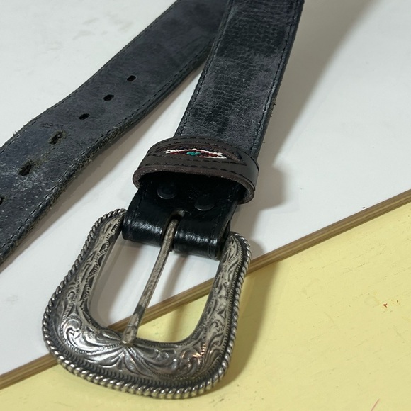 Genuine Leather Size 40 Made in Mexico Black Western Cowboy Belt Silver Buckle - Picture 2 of 9